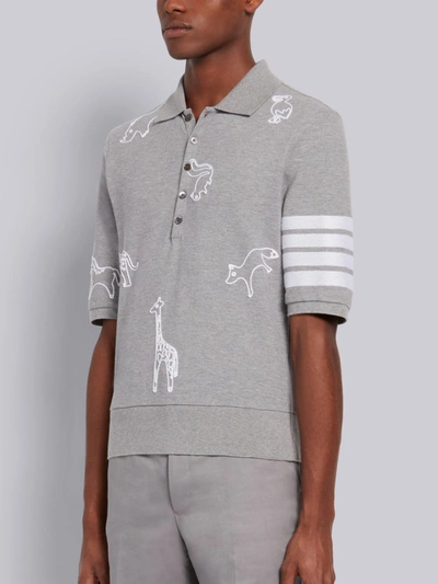 Shop Thom Browne Light Grey Cotton Pique Multi-animal Icon V-neck 4-bar Polo