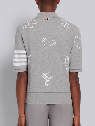 Shop Thom Browne Light Grey Cotton Pique Multi-animal Icon V-neck 4-bar Polo