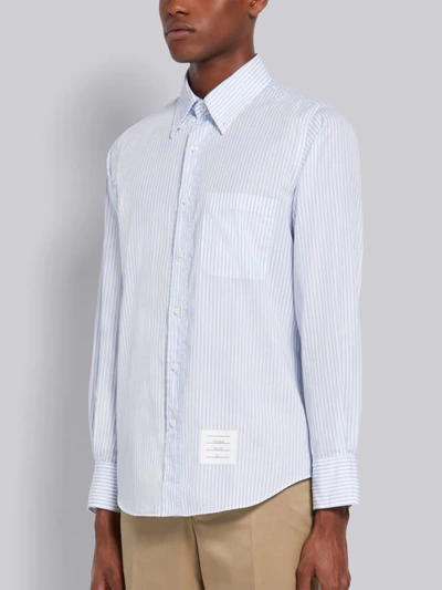 Shop Thom Browne Light Blue Pinstripe Cotton Poplin Straight Fit Long Sleeve Shirt