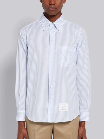 Shop Thom Browne Light Blue Pinstripe Cotton Poplin Straight Fit Long Sleeve Shirt