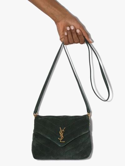 Shop Saint Laurent Green Loulou Suede Shoulder Bag