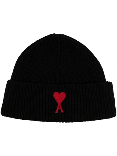 Shop Ami Alexandre Mattiussi Logo-patch Knitted Beanie Hat In Black