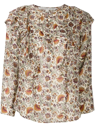 Shop Veronica Beard Ruffled Floral Print Silk Top In Neutrals