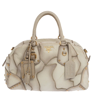 Pre-owned Prada White Ombre Deerskin Leather Croco And Lizard Trim Patchwork Cervo Bowler Bag