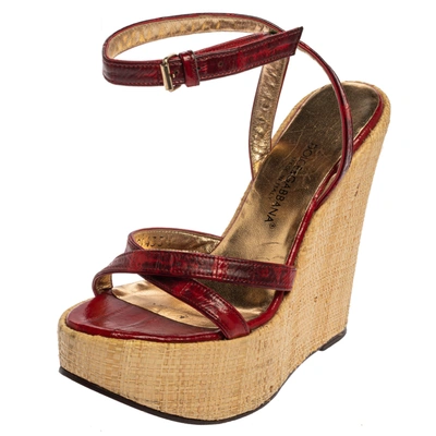 Pre-owned Dolce & Gabbana Red/maroon Leather Raffia Wedge Ankle Wrap Sandals Size 35.5
