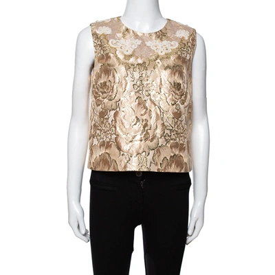 Pre-owned Dolce & Gabbana Gold Floral Brocade Lace Trim Blouse M