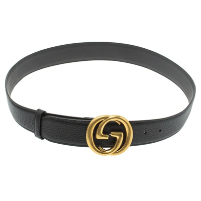 Pre-owned Gucci Black Grained Leather Interlocking G Buckle Belt 95cm