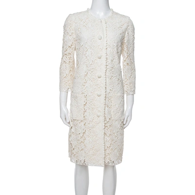 Pre-owned Dolce & Gabbana Off White Floral Lace Button Front Coat M