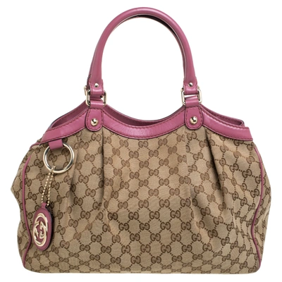 Pre-owned Gucci Beige/pink Gg Canvas And Leather Medium Sukey Tote
