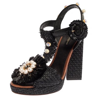Pre-owned Dolce & Gabbana Black Raffia Pearl Embellished T Strap Platform Sandals Size 38