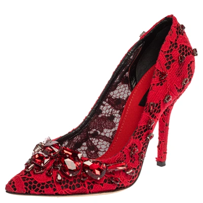 Pre-owned Dolce & Gabbana Dolce And Gabbana Red Lace Crystal Embellished Pointed Toe Pumps Size 38