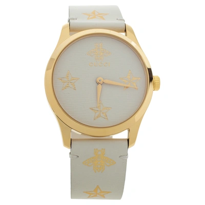 Pre-owned Gucci Cream Yellow Gold Tone Stainless Steel Leather G-timeless Ya1264096 Women's Wristwatch 38 Mm