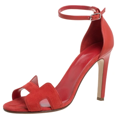 Pre-owned Hermes Red Suede And Leather Premiere Sandals Size 39