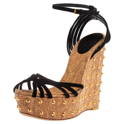 Pre-owned Gucci Black Suede Studded Cork Ankle Strap Wedge Platform Sandals Size 37.5