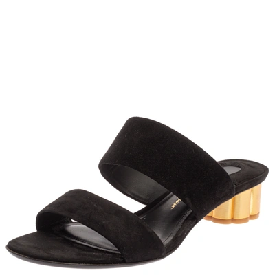 Pre-owned Ferragamo Black/gold Suede Bulleno Sandals Size 37