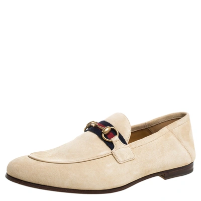 Pre-owned Gucci Beige Suede Web Horsebit Slip On Loafers Size 42