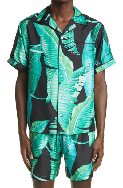 Shop Amiri Banana Leaves Silk Button-up Camp Shirt In Black