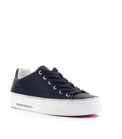 Shop Emporio Armani Navy Blue Leather Sneaker