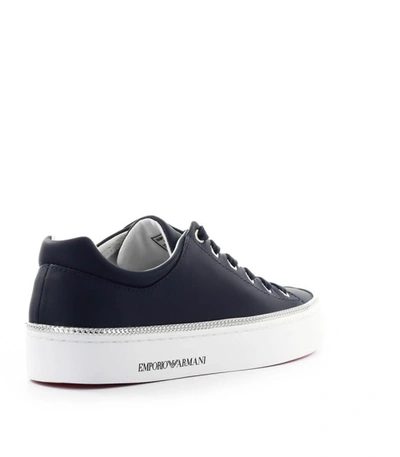 Shop Emporio Armani Navy Blue Leather Sneaker