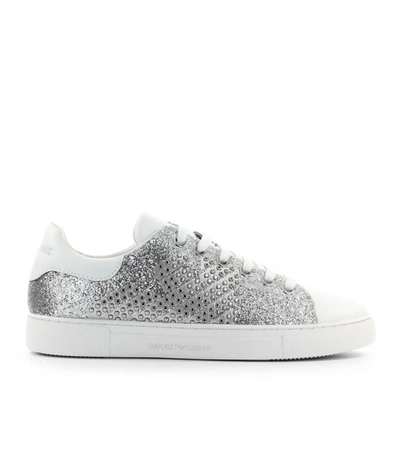 Shop Emporio Armani Glitter Studs Silver Sneaker