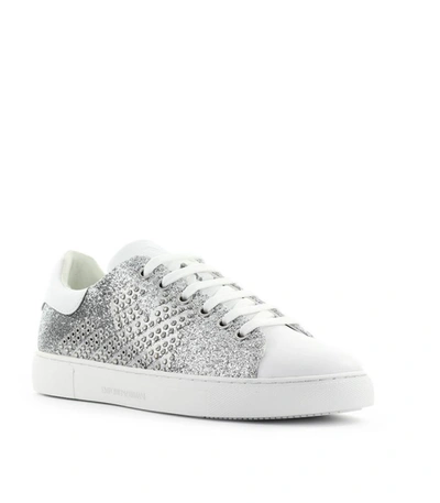 Shop Emporio Armani Glitter Studs Silver Sneaker