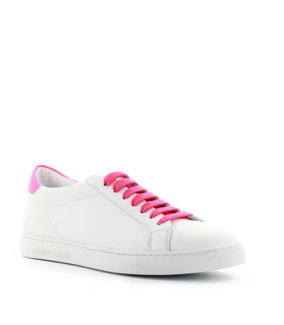 Shop Emporio Armani White Neon Pink Nappa Leather Sneaker