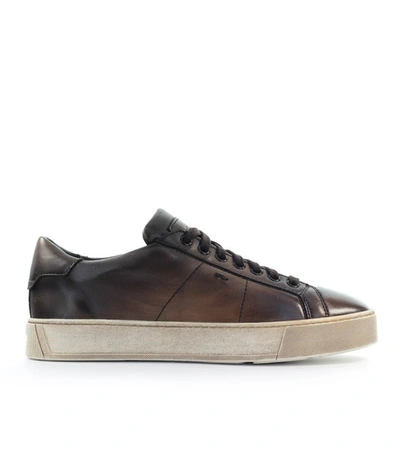 Shop Santoni Dark Brown Leather Sneaker