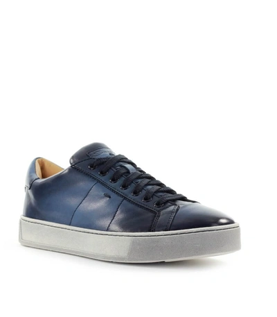 Shop Santoni Vintage Effect Blue Leather Sneaker