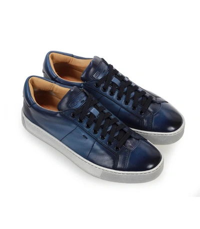 Shop Santoni Vintage Effect Blue Leather Sneaker