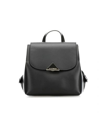 Shop Emporio Armani Black Leather Golden Logo Backpack
