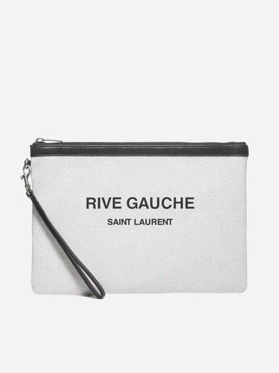 Shop Saint Laurent Rive Gauche Linen And Leather Pouch