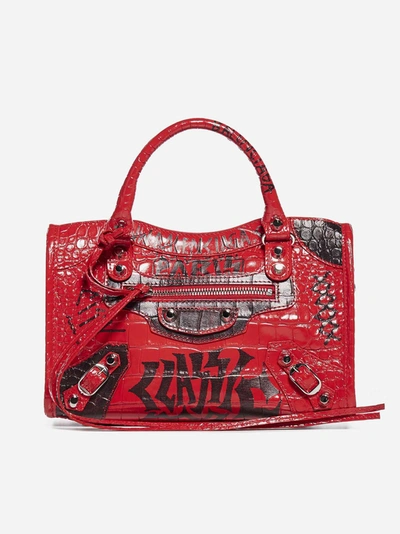 Shop Balenciaga Borsa Mini City In Pelle Croco Con Stampa Graffiti