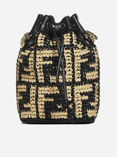 Shop Fendi Mon Tresor Ff Logo Rafia And Leather Mini Bucket Bag