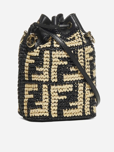 Shop Fendi Mon Tresor Ff Logo Rafia And Leather Mini Bucket Bag