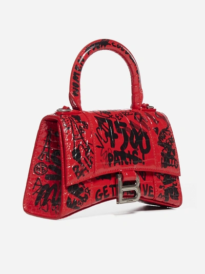 Shop Balenciaga Graffiti-print Hourglass Xs Croco Leather Bag