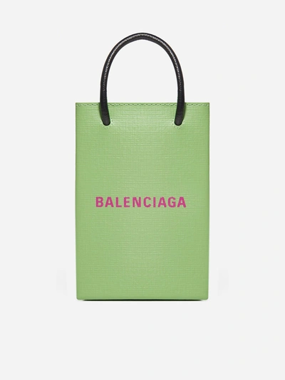 Shop Balenciaga Logo Leather Shopping Phone Holder In Light Green
