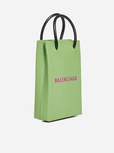 Shop Balenciaga Logo Leather Shopping Phone Holder In Light Green
