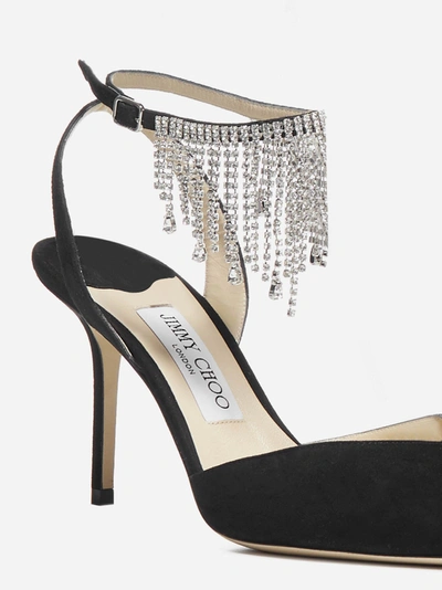 Shop Jimmy Choo Bertie 85 Crystals Fringes Suede Pumps