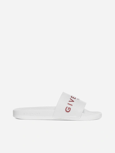 Shop Givenchy Logo Rubber Slides In White - Red