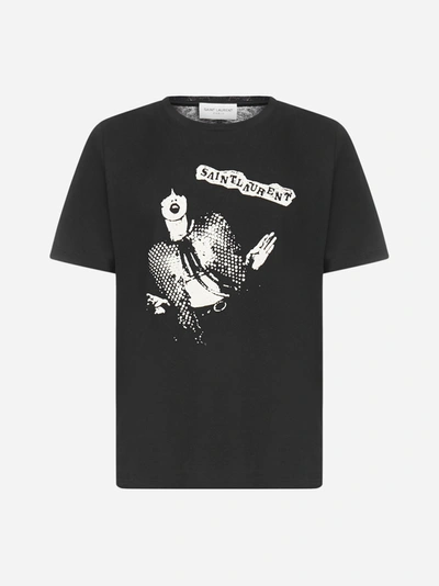 Shop Saint Laurent Logo And Print Cotton T-shirt