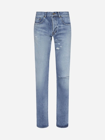 Shop Saint Laurent Distressed Slim-fit Denim Jeans