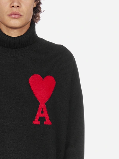 Shop Ami Alexandre Mattiussi Ami De Coeur-logo Wool Turtleneck In Black