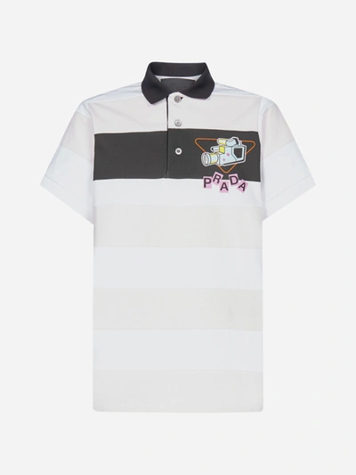 Shop Prada Logo And Print Striped Cotton Polo Shirt