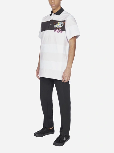 Shop Prada Logo And Print Striped Cotton Polo Shirt