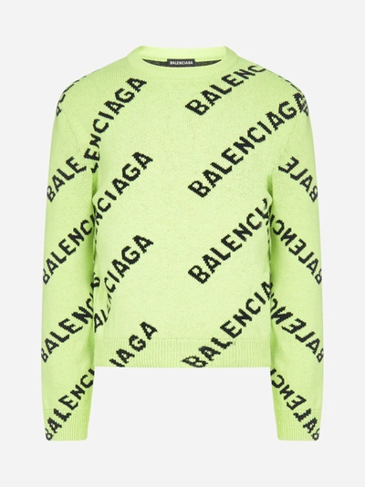 Shop Balenciaga All Over Logo Wool Sweater