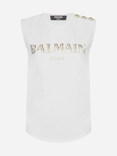 Shop Balmain Logo Cotton Tank Top In White - Gold