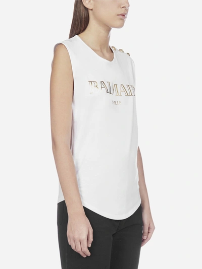 Shop Balmain Logo Cotton Tank Top In White - Gold