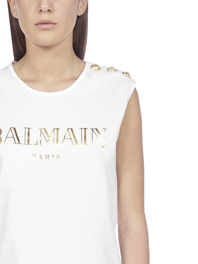 Shop Balmain Logo Cotton Tank Top In White - Gold