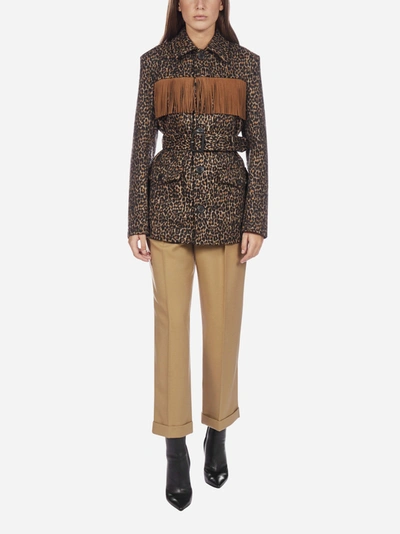 Shop Saint Laurent Fringes-detail Leopard Print Wool-blend Jacket