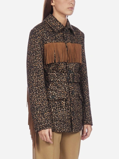 Shop Saint Laurent Fringes-detail Leopard Print Wool-blend Jacket